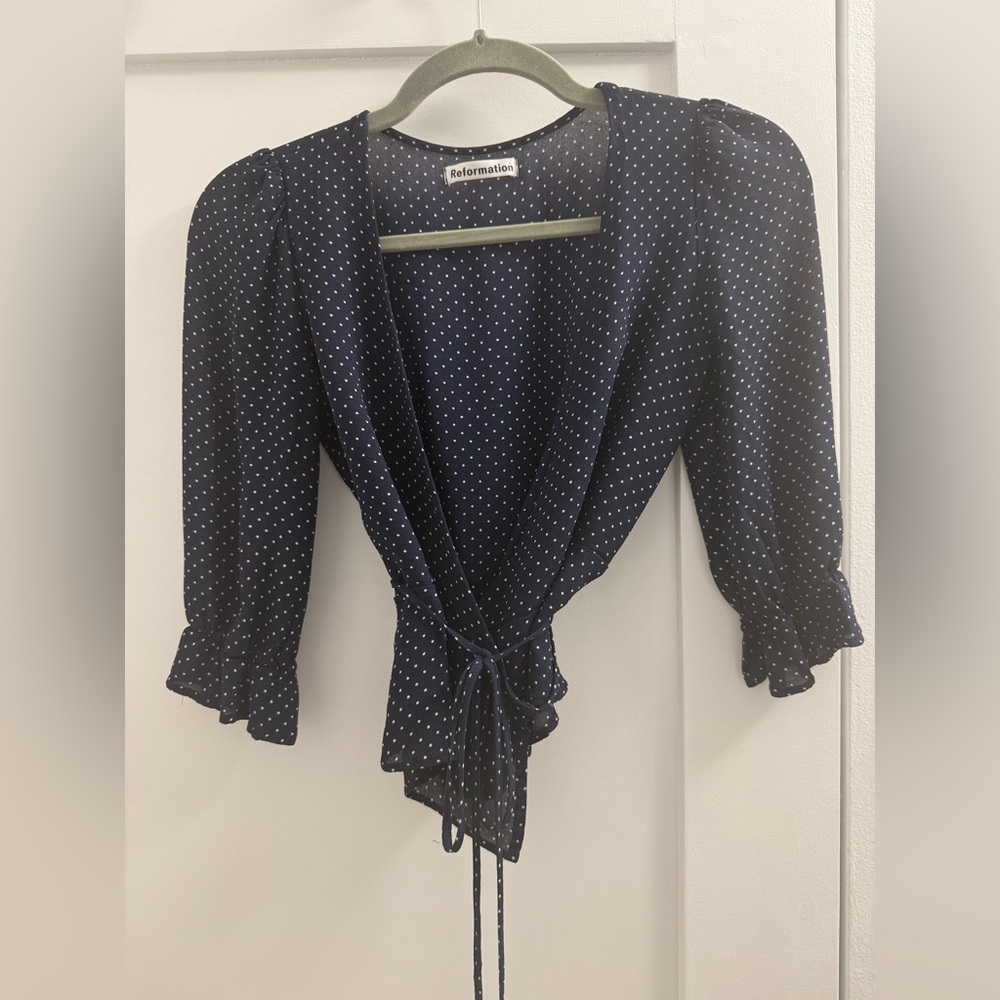 Reformation Blouse Womens Small Navy Blue White Polka Dot Print Emma Wrap Top